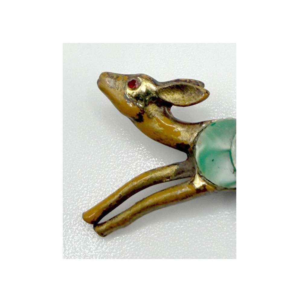 Vintage Figural Deer Brooch Pale Green Disc Gold Tone Running Animal Pin 2" - Picture 2 of 4